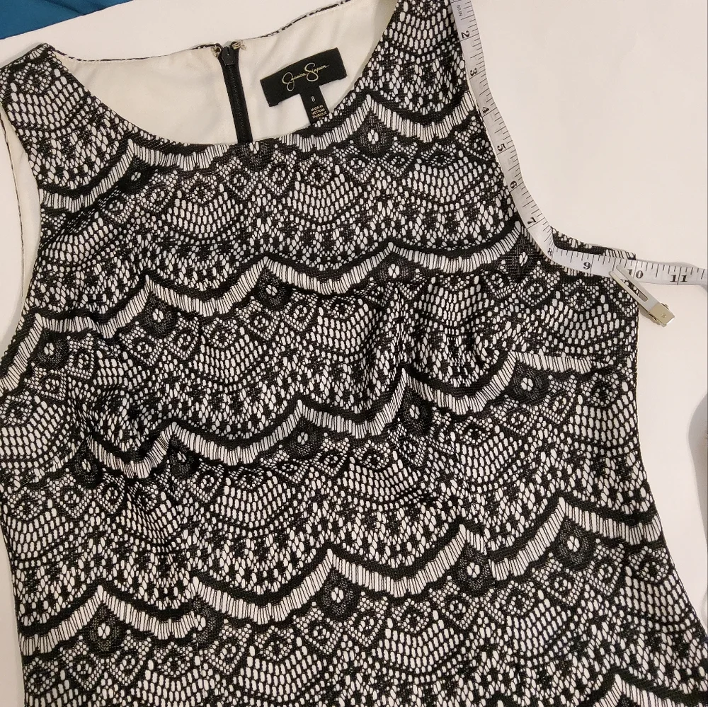 Jessica Simpson Black/White Eyelet Embroidered Lace Sleeveless Sheath Dress Sz8 - Picture 6 of 10